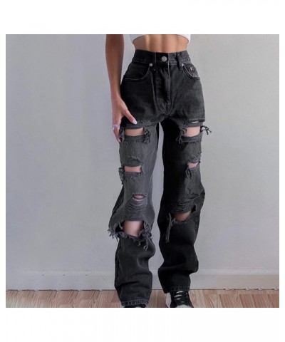 Women's Casual Loose Ripped Denim Pants Boyfriends Jeans Distressed Straight Wide Leg Baggy Pants Y2k Fashion Streetwear Blac...