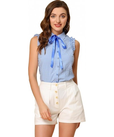 Women's Bow Tie Neck Blouse Vintage Ruffle Sleeveless Gingham Plaid Shirt Blue $13.20 Blouses