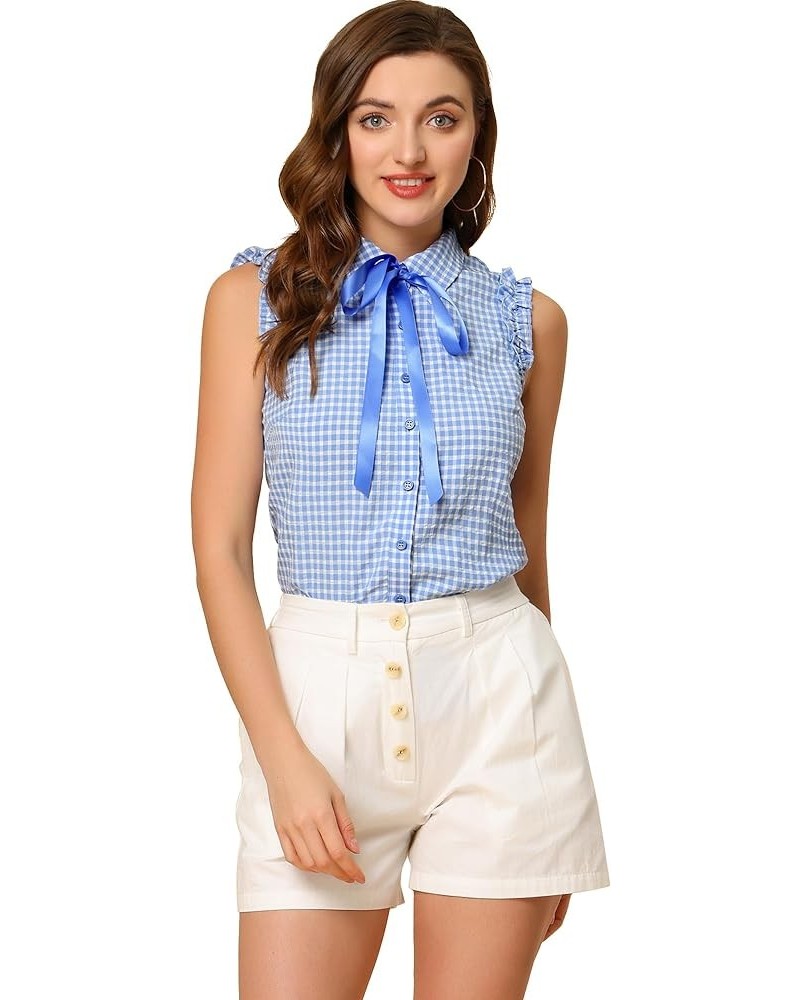 Women's Bow Tie Neck Blouse Vintage Ruffle Sleeveless Gingham Plaid Shirt Blue $13.20 Blouses