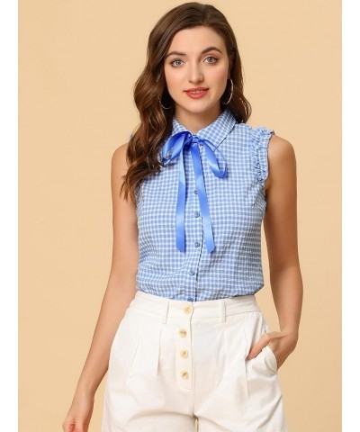 Women's Bow Tie Neck Blouse Vintage Ruffle Sleeveless Gingham Plaid Shirt Blue $13.20 Blouses