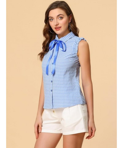 Women's Bow Tie Neck Blouse Vintage Ruffle Sleeveless Gingham Plaid Shirt Blue $13.20 Blouses