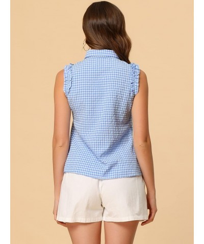 Women's Bow Tie Neck Blouse Vintage Ruffle Sleeveless Gingham Plaid Shirt Blue $13.20 Blouses