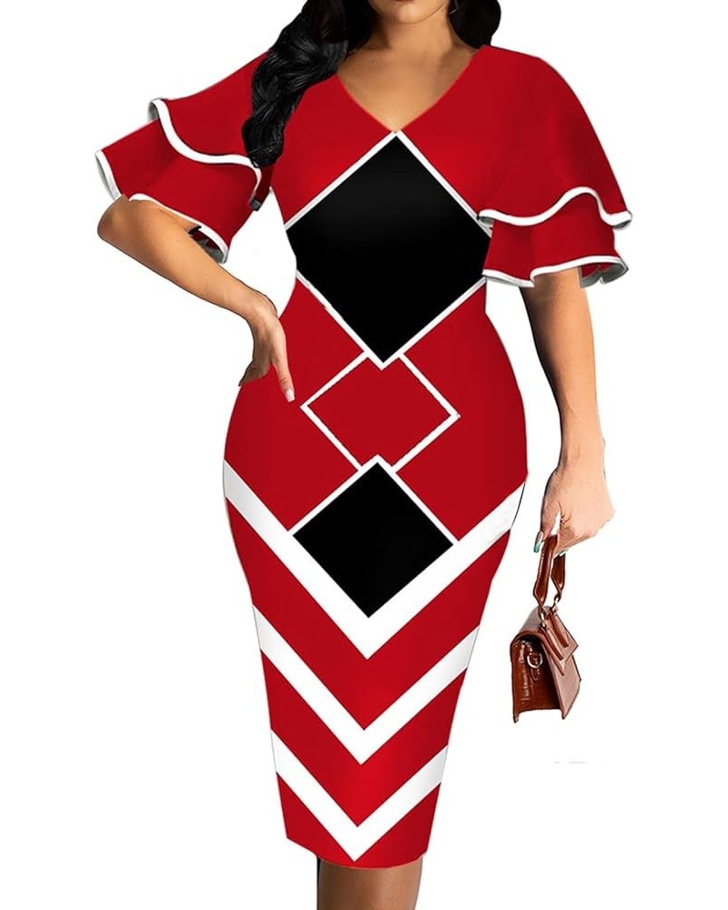 Sexy Dress for Women Crew Neck Elegant Ruffles Sleeve Pencil African Church Dresses Burgundya $13.60 Dresses