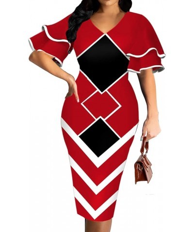 Sexy Dress for Women Crew Neck Elegant Ruffles Sleeve Pencil African Church Dresses Burgundya $13.60 Dresses