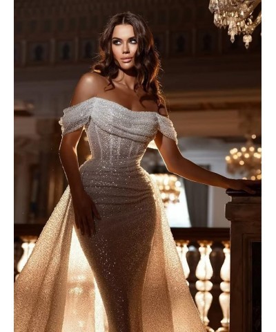 Sparkly Sequin Mermaid Prom Dresses for Women Long Off Shoulder Formal Evening Party Gown with Detachable Train Rose Gold $43...