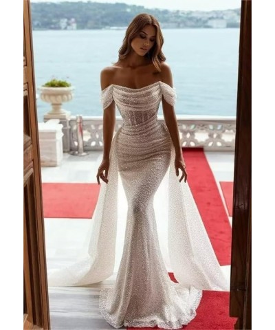 Sparkly Sequin Mermaid Prom Dresses for Women Long Off Shoulder Formal Evening Party Gown with Detachable Train Rose Gold $43...