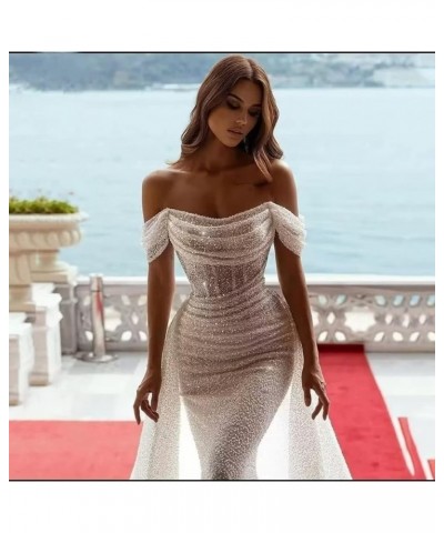 Sparkly Sequin Mermaid Prom Dresses for Women Long Off Shoulder Formal Evening Party Gown with Detachable Train Rose Gold $43...