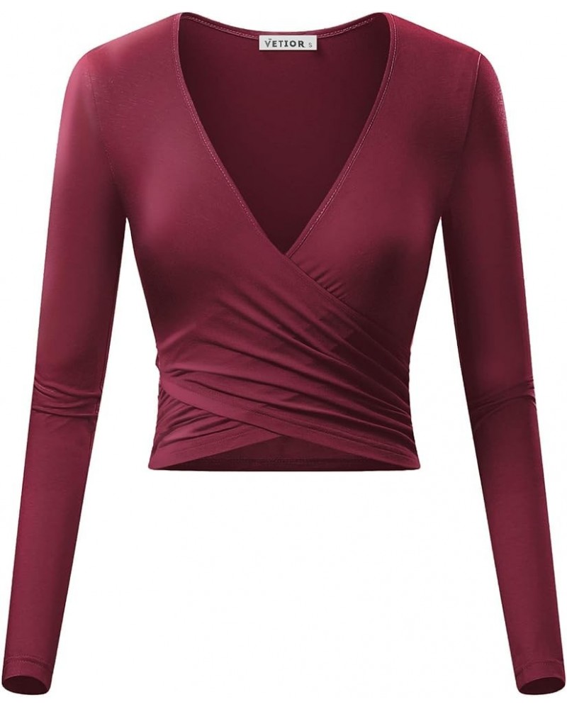 Women's Deep V Neck Long Sleeve Unique Slim Fit Cross Wrap Shirts Crop Tops Bordeaux $13.33 T-Shirts