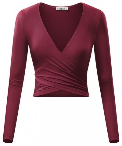 Women's Deep V Neck Long Sleeve Unique Slim Fit Cross Wrap Shirts Crop Tops Bordeaux $13.33 T-Shirts