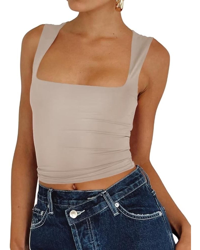 Women's Sexy Sleeveless Crop Top Seamless Knitting Square Neck Trendy Basics Tank Top 01 Taupe $11.87 Tanks