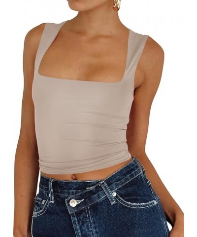 Women's Sexy Sleeveless Crop Top Seamless Knitting Square Neck Trendy Basics Tank Top 01 Taupe $11.87 Tanks