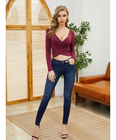 Women's Deep V Neck Long Sleeve Unique Slim Fit Cross Wrap Shirts Crop Tops Bordeaux $13.33 T-Shirts