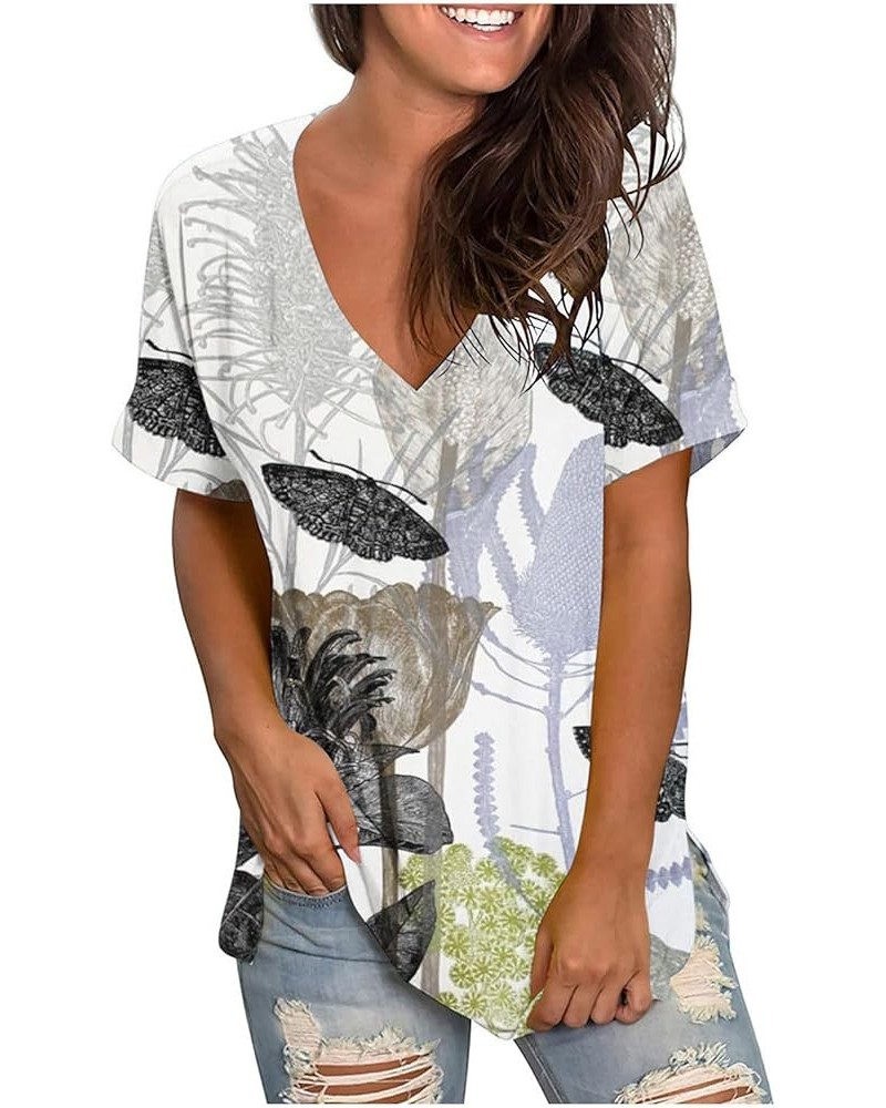 Floral Shirts for Women Summer Casual V Neck Tshirt Shirts Flowy Plus Size Tunic Blouses Short Sleeve Boho Top Flowy 8 White ...