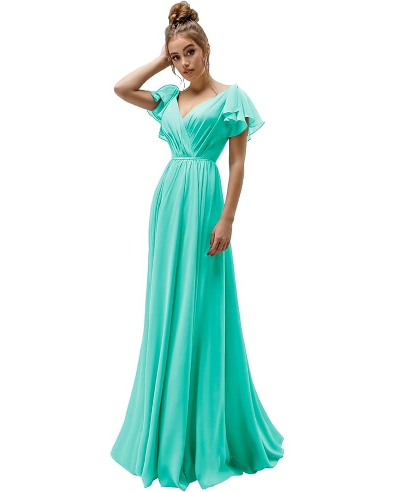 Flutter Sleeve V Neck Bridesmaid Dresses for Wedding Chiffon Long Formal Dress Turquoise $30.24 Dresses