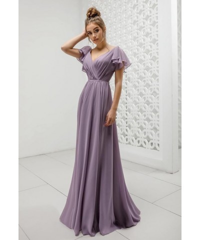 Flutter Sleeve V Neck Bridesmaid Dresses for Wedding Chiffon Long Formal Dress Turquoise $30.24 Dresses