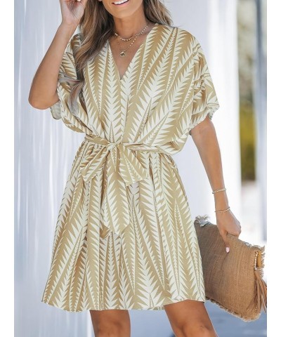 Women's V Neck Geo Print Dolman Sleeve Loose Fitted Belt Beach Summer Mini Dress Khaki $24.18 Dresses