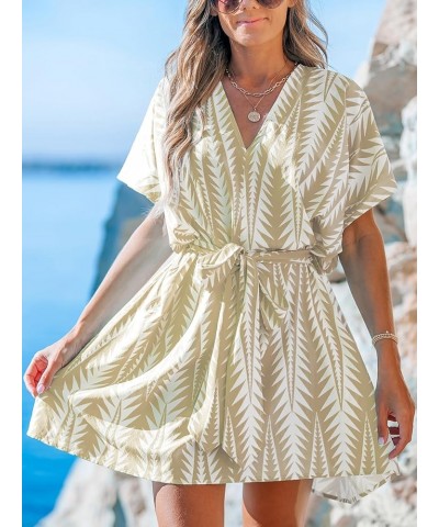 Women's V Neck Geo Print Dolman Sleeve Loose Fitted Belt Beach Summer Mini Dress Khaki $24.18 Dresses