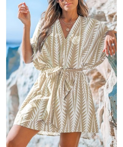 Women's V Neck Geo Print Dolman Sleeve Loose Fitted Belt Beach Summer Mini Dress Khaki $24.18 Dresses