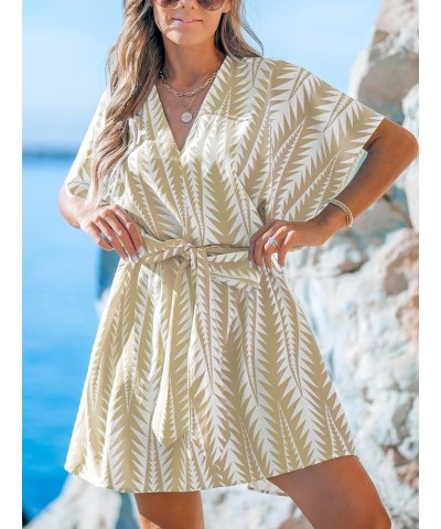 Women's V Neck Geo Print Dolman Sleeve Loose Fitted Belt Beach Summer Mini Dress Khaki $24.18 Dresses