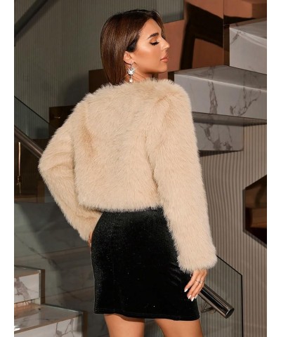 Winter Coat For Womens Solid Open Front Fuzzy Short Coat Warm Outwear Beige $37.07 Coats