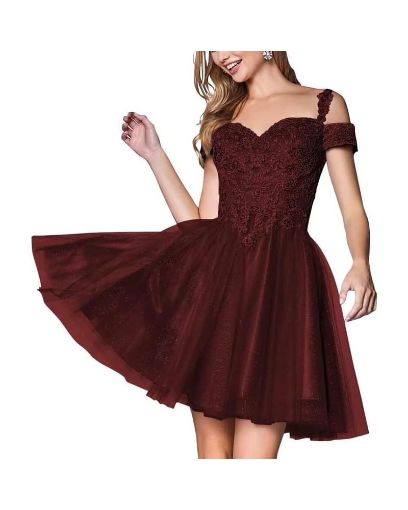 Women's Tulle Lace Applique Homecoming Prom Dresses 2024 Cold Shoulder Sparkly Short Beaded Cocktail Party Gowns Burgundy $28...