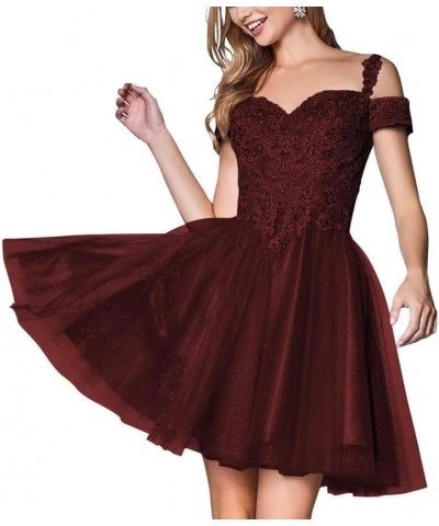 Women's Tulle Lace Applique Homecoming Prom Dresses 2024 Cold Shoulder Sparkly Short Beaded Cocktail Party Gowns Burgundy $28...