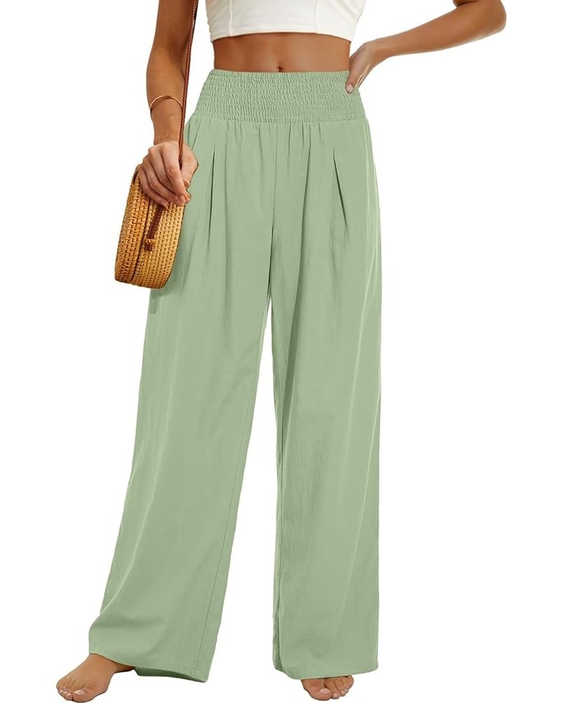 Womens Summer Mix Cotton Linen Palazzo Pants High Waisted Wide Leg Long Lounge Trousers with Pocket Light Green $14.70 Pants