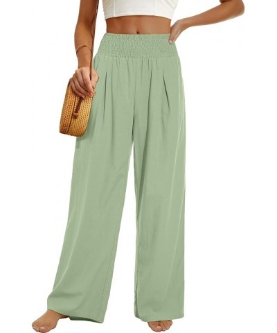 Womens Summer Mix Cotton Linen Palazzo Pants High Waisted Wide Leg Long Lounge Trousers with Pocket Light Green $14.70 Pants