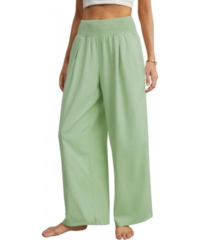 Womens Summer Mix Cotton Linen Palazzo Pants High Waisted Wide Leg Long Lounge Trousers with Pocket Light Green $14.70 Pants