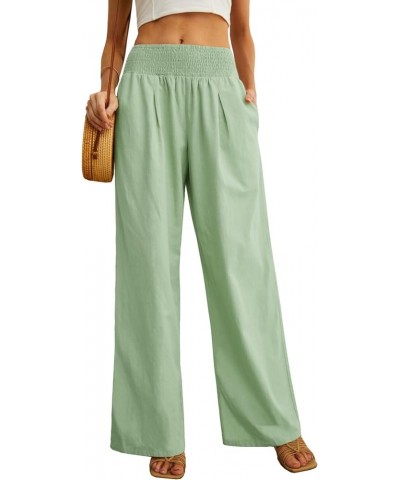 Womens Summer Mix Cotton Linen Palazzo Pants High Waisted Wide Leg Long Lounge Trousers with Pocket Light Green $14.70 Pants