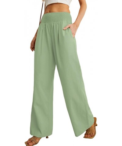 Womens Summer Mix Cotton Linen Palazzo Pants High Waisted Wide Leg Long Lounge Trousers with Pocket Light Green $14.70 Pants