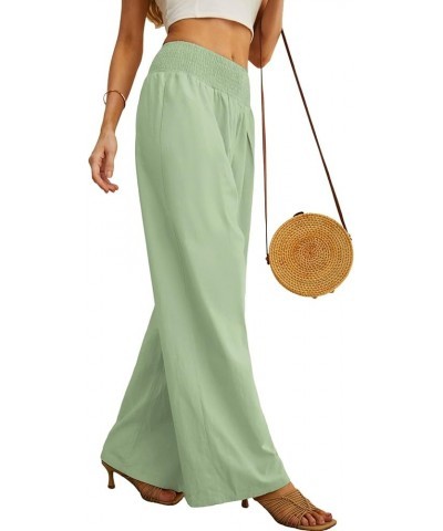 Womens Summer Mix Cotton Linen Palazzo Pants High Waisted Wide Leg Long Lounge Trousers with Pocket Light Green $14.70 Pants