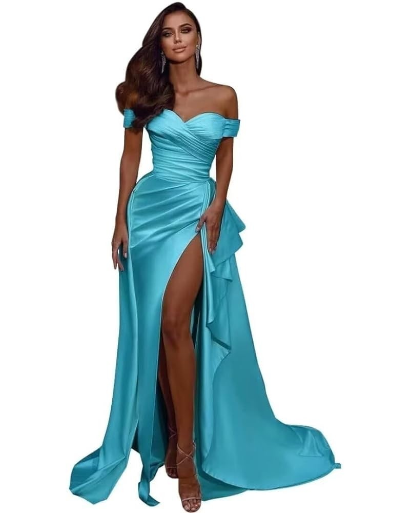 Long Satin Prom Dresses with Slit Off The Shoulder Ball Gown A Line Pleated Formal Evening Gown for Women Aqua $35.20 Dresses