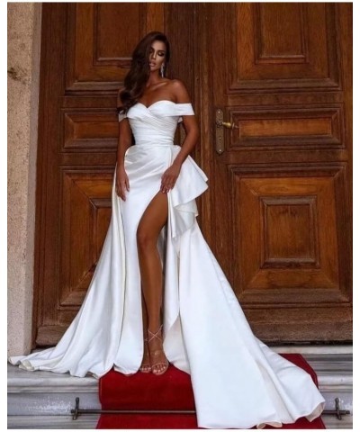 Long Satin Prom Dresses with Slit Off The Shoulder Ball Gown A Line Pleated Formal Evening Gown for Women Aqua $35.20 Dresses