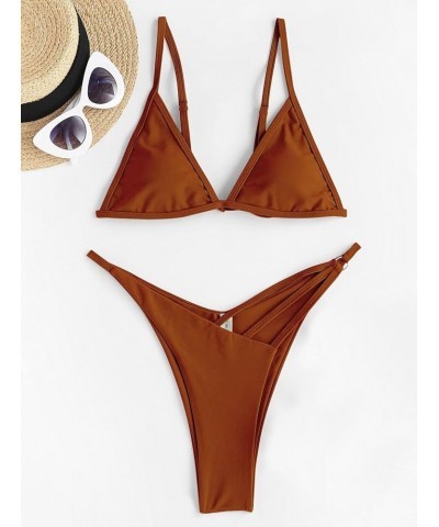 Women's Cutout Bikini Set Two Piece Bathing Suit Sexy Triangle Cheeky Swimwear 391_brown $13.49 Swimsuits