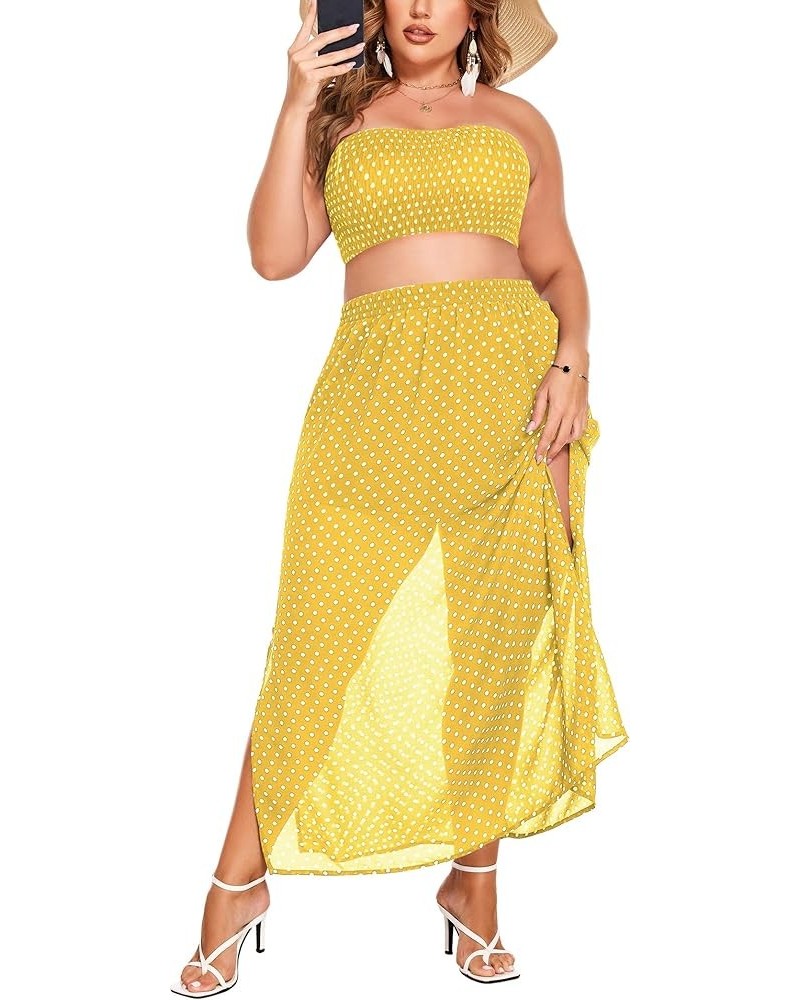 Women's 2 Pieces Outfits Dress Plus Size Polka Dots Tube top and Slit Long Skirt Set with Pockets Yellow $23.39 Suits