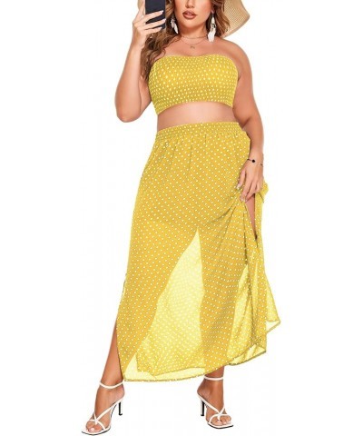 Women's 2 Pieces Outfits Dress Plus Size Polka Dots Tube top and Slit Long Skirt Set with Pockets Yellow $23.39 Suits