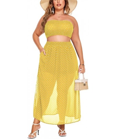 Women's 2 Pieces Outfits Dress Plus Size Polka Dots Tube top and Slit Long Skirt Set with Pockets Yellow $23.39 Suits