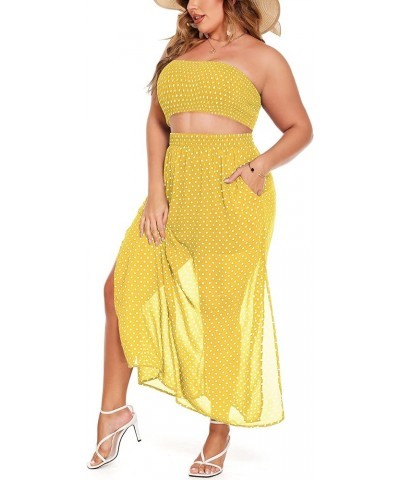 Women's 2 Pieces Outfits Dress Plus Size Polka Dots Tube top and Slit Long Skirt Set with Pockets Yellow $23.39 Suits