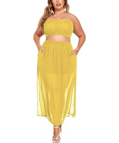 Women's 2 Pieces Outfits Dress Plus Size Polka Dots Tube top and Slit Long Skirt Set with Pockets Yellow $23.39 Suits