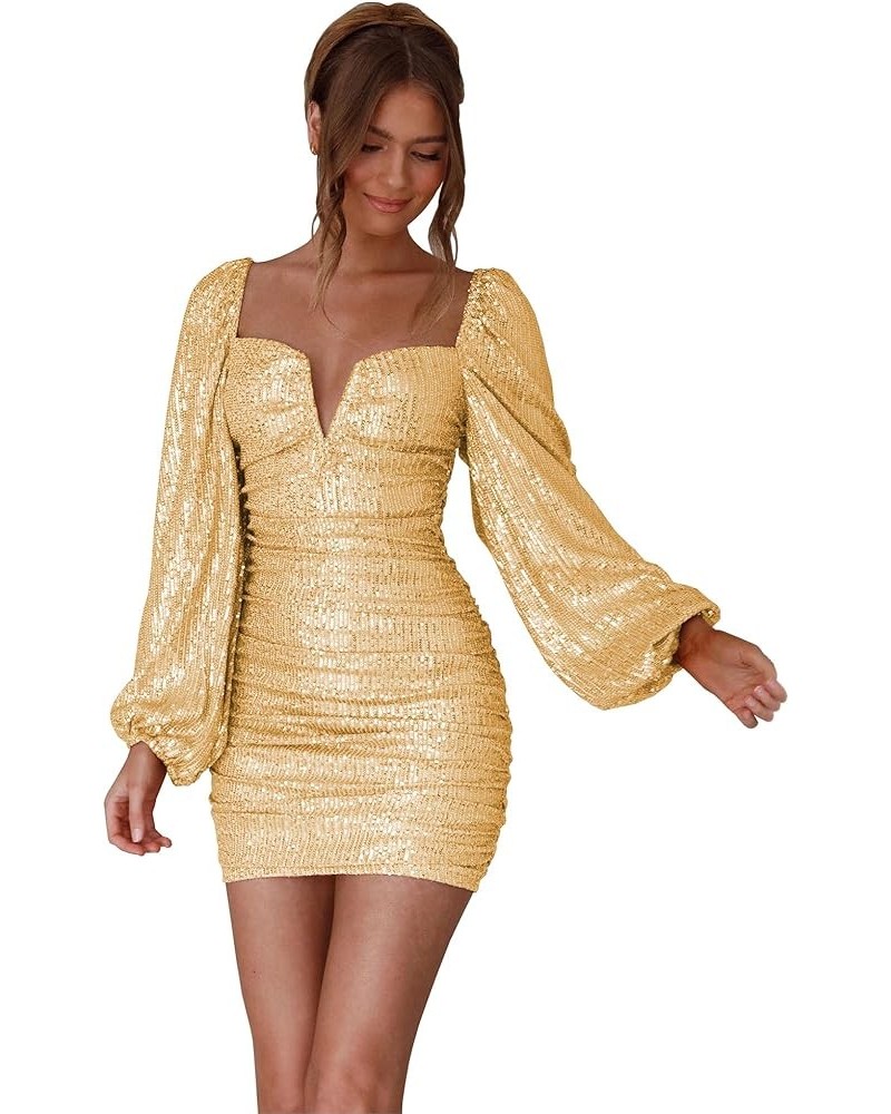 Sequin Long Sleeve Homecoming Dresses for Teens Short Sparkly Mini Tight V Neck Formal Gocktail Party Gowns Gold $23.10 Dresses