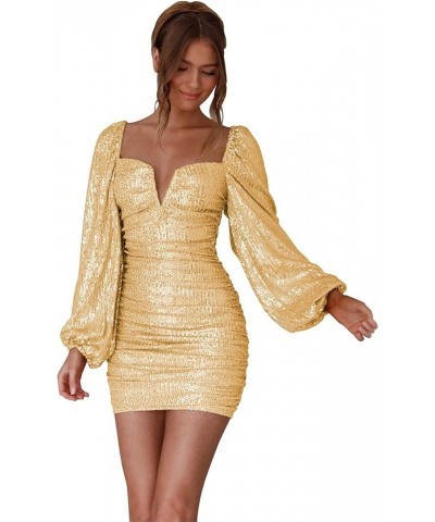 Sequin Long Sleeve Homecoming Dresses for Teens Short Sparkly Mini Tight V Neck Formal Gocktail Party Gowns Gold $23.10 Dresses