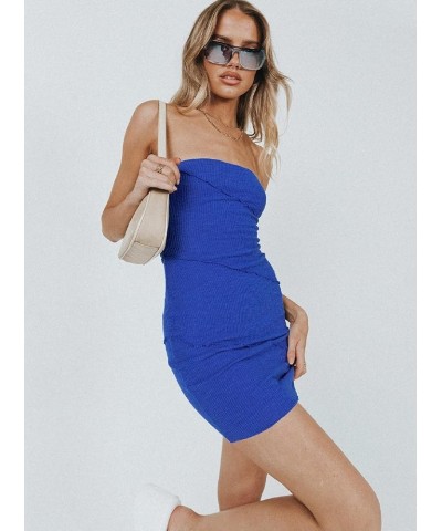 Women Y2k Off Shoulder Short Tube Dresses Strapless Bodycon Mini Dress Sleeveless Open Back Dress Streetwear I-blue $9.59 Dre...