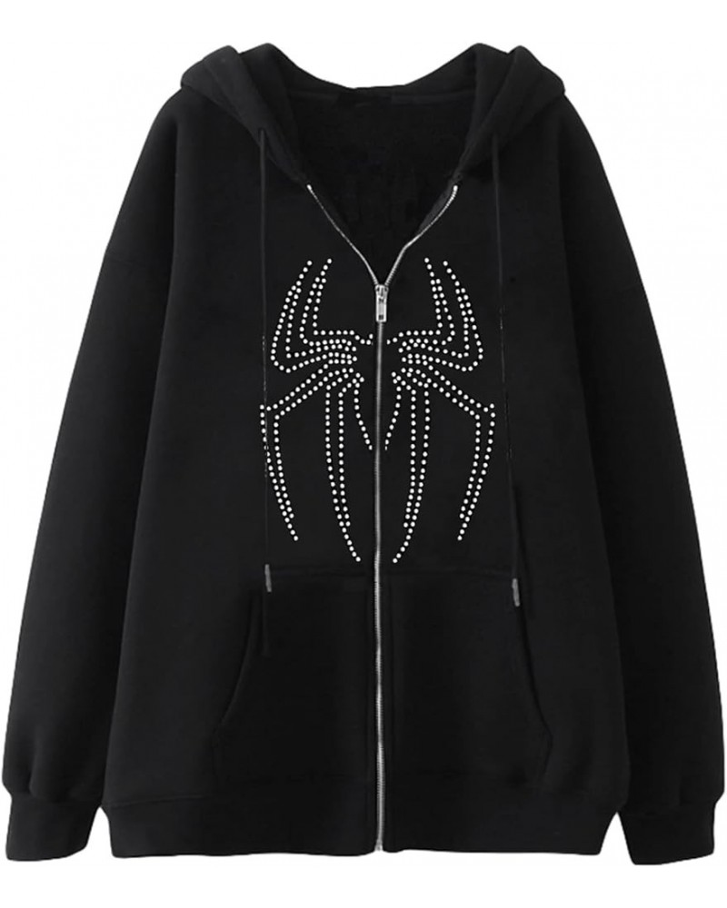 Women Full Zip Up Hoodies Y2K Spider Web Rhinestone Oversized Hoodie Over Face Skull Jackets Punk Streetwear H Black2 $14.33 ...