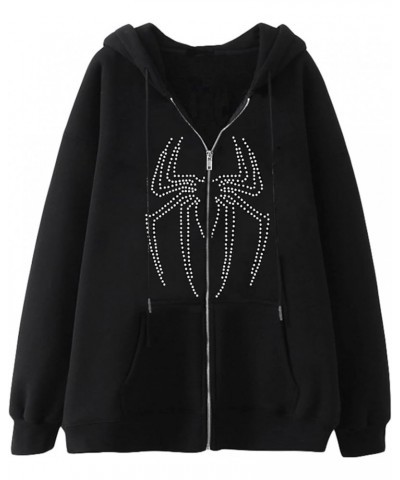 Women Full Zip Up Hoodies Y2K Spider Web Rhinestone Oversized Hoodie Over Face Skull Jackets Punk Streetwear H Black2 $14.33 ...