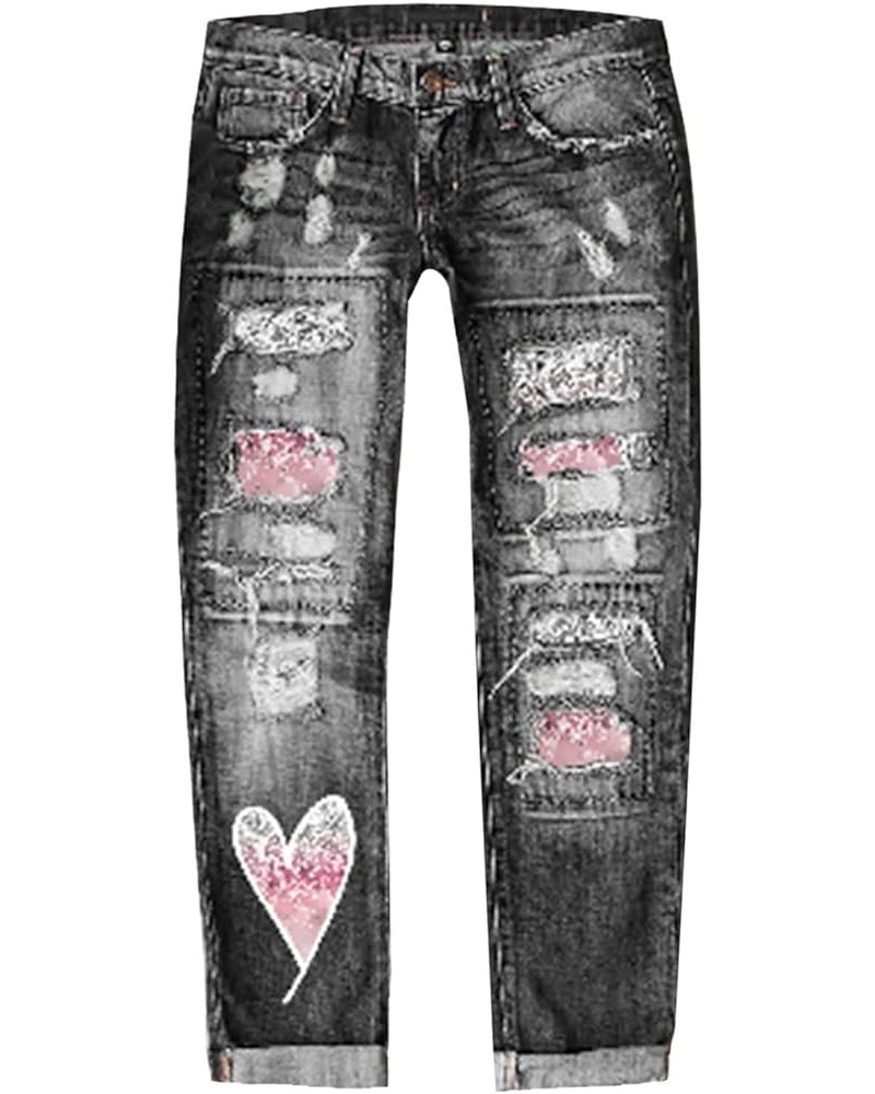 Womens Patchwork Stretch Boyfriend Distressed Ripped Jeans Sunflower Print Ripped Destroyed Denim Pants with Pockets 33-black...