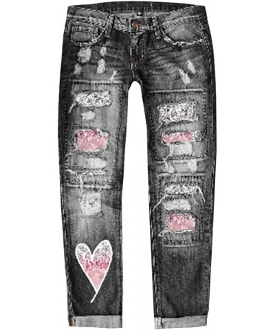 Womens Patchwork Stretch Boyfriend Distressed Ripped Jeans Sunflower Print Ripped Destroyed Denim Pants with Pockets 33-black...