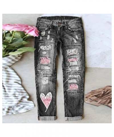 Womens Patchwork Stretch Boyfriend Distressed Ripped Jeans Sunflower Print Ripped Destroyed Denim Pants with Pockets 33-black...