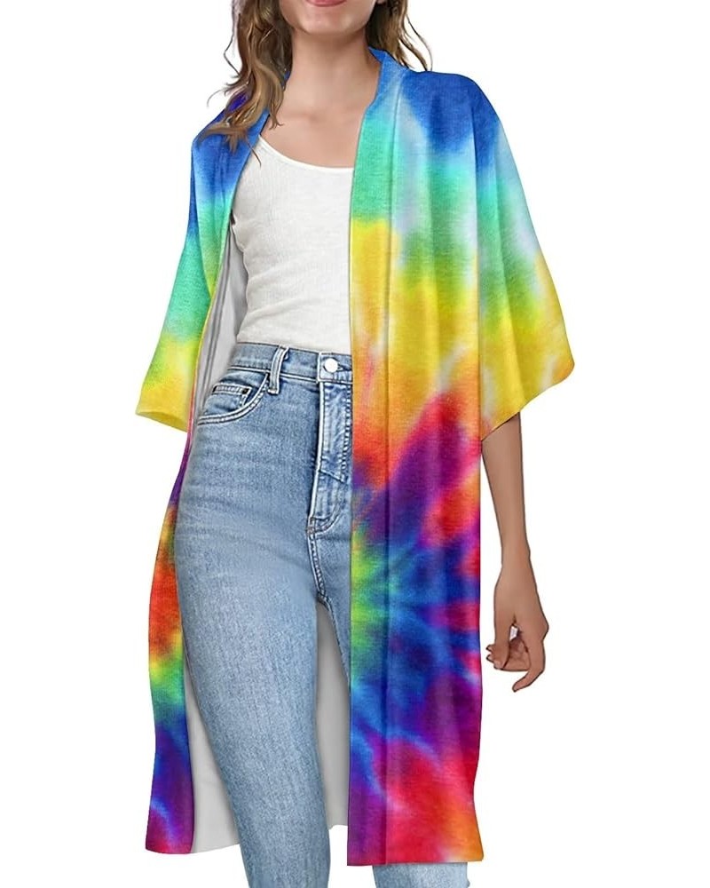 Women Summer Cardigan Casual Open Front Half Sleeve Loose Cover Ups Tops Kimono Plus Size Rainbow Tie Dye Printed $17.97 Swim...