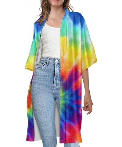 Women Summer Cardigan Casual Open Front Half Sleeve Loose Cover Ups Tops Kimono Plus Size Rainbow Tie Dye Printed $17.97 Swim...